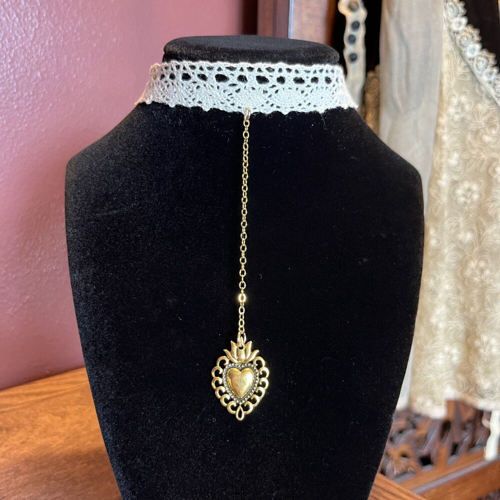 Gold Plated Sacred Heart Drop Choker Antique-Style Lace Whimsygoth Eccentric